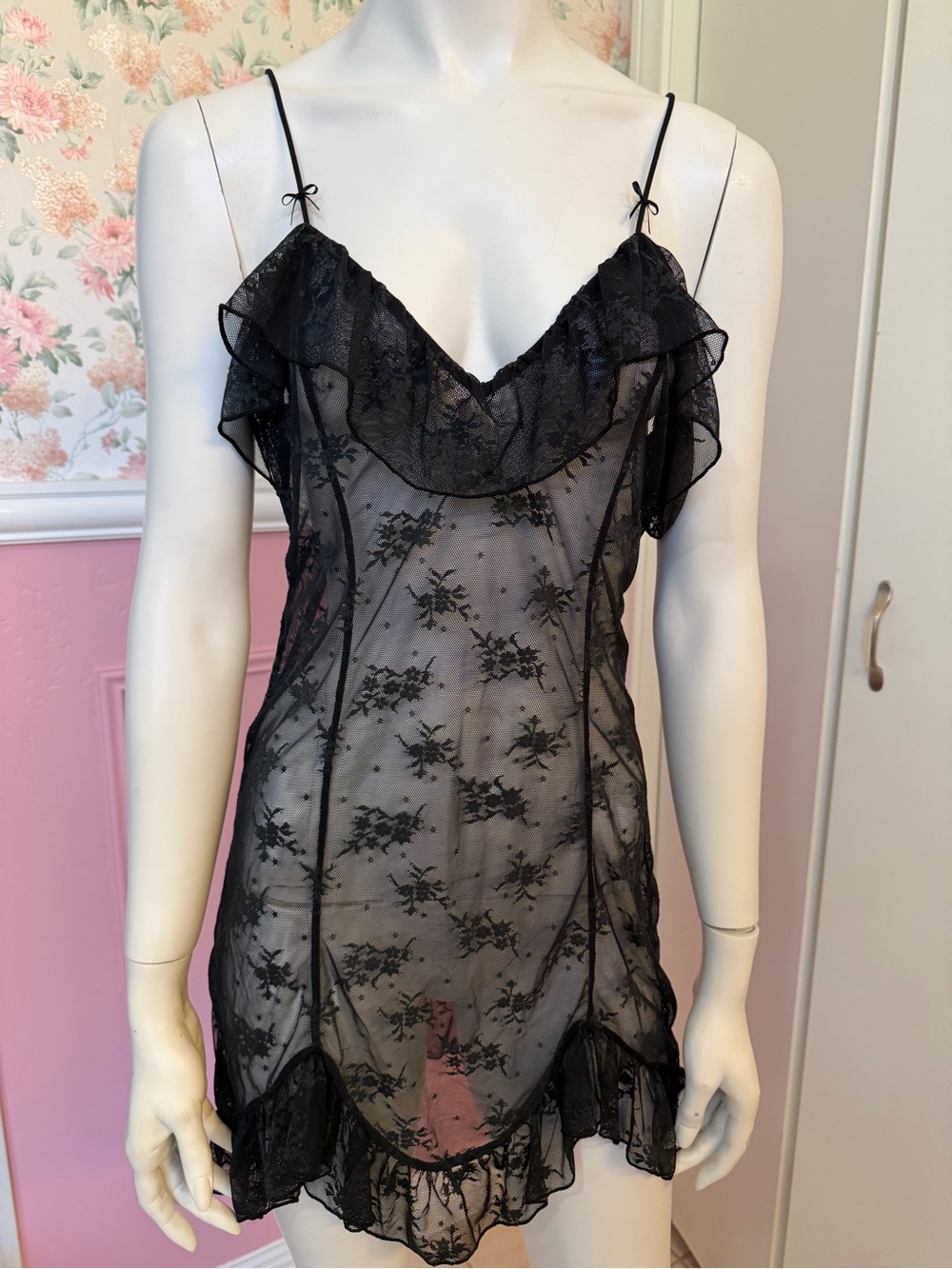 Sheer Black Lace Chemise with Ruffle Hem